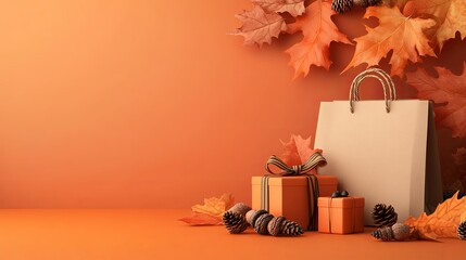 Rustic background for autumn with orange leaves, shopping bag, wrapped gift, acorns, and empty space for text, a 3D rendering. 