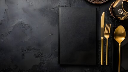 Top above view of black and golden elegant luxury restaurant menu book cover. Prestigious dinner food drink catalog on the table. Deluxe premium VIP elegance 