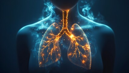 Digital visualization of human respiratory system highlighting illuminated lungs in blue background.Digital depiction of glowing human lungs on a vibrant blue backdrop.