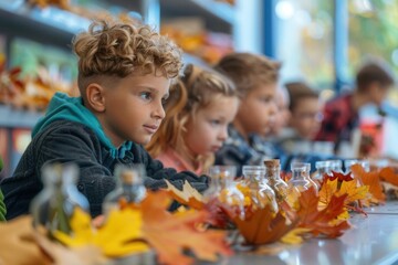 Science class with students examining autumn leaves and natural specimens, hands-on learning with a fall theme, Autumn Science Lab, Hands-On Education
