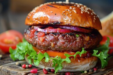 A large hamburger with lettuce and tomato on top, generative ai image