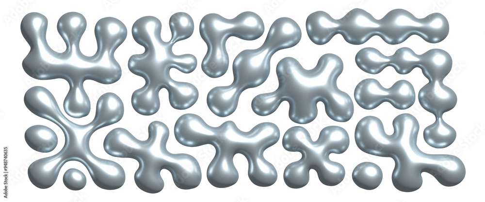 Poster chrome liquid 3d shapes set in y2k style isolated on a transparent background. render of 3d metal si