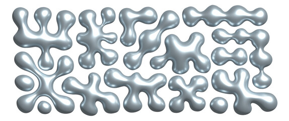 Chrome liquid 3d shapes set in y2k style isolated on a transparent background. Render of 3d metal silver element, bubble melt fluid form in retro aesthetic futuristic style. 3d realistic illustration
