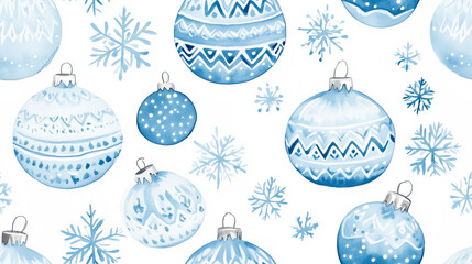 Christmas balls and snowflakes blue watercolor seamless pattern.