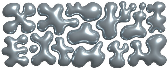 Dark Chrome liquid 3d shapes set in y2k style isolated on a transparent background. Render of realistic metal silver melt fluid form in aesthetic futuristic style. 3d raster illustration