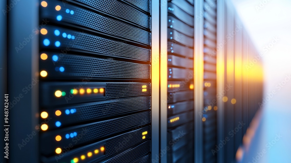 Poster a bustling data center, with rows of servers and blinking lights, representing the backbone of telec