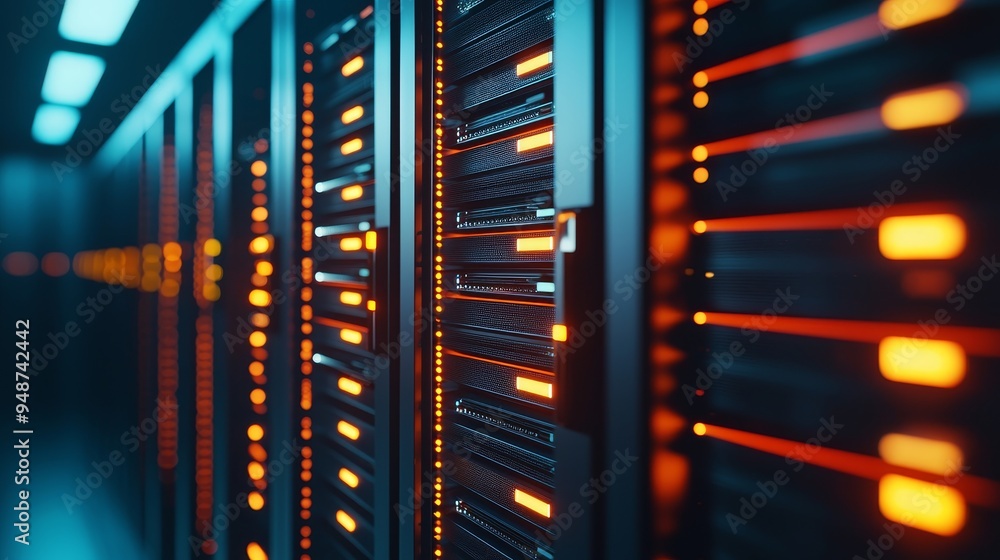 Poster a bustling data center, with rows of servers and blinking lights, representing the backbone of telec