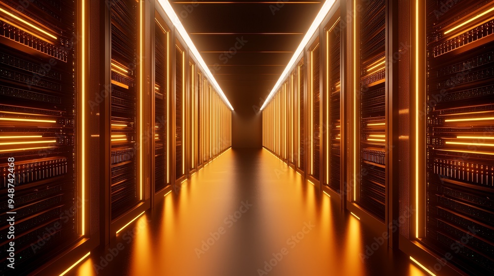 Poster a bustling data center, with rows of servers and blinking lights, representing the backbone of telec