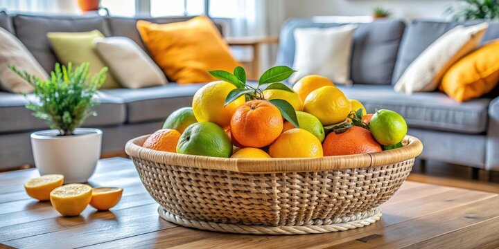 Wicker basket filled with citruses on coffee table in stylish living room, wicker basket, citruses, coffee table