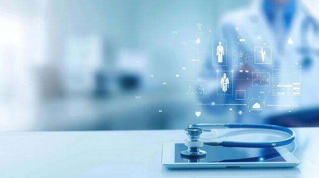 Telemedicine platform displaying health records and video call, Telemedicine, comprehensive digital health