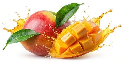 Fresh mango with splashing juice and leaves, cut out , ripe, tropical, fruit, healthy, vibrant, succulent
