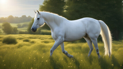 Majestic White Horse in Scenic Grassland with Realistic Ultra HD Imagery