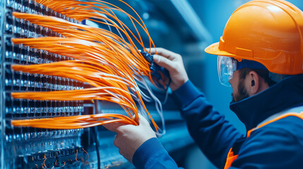 A technician in safety gear is working on fiber optic cables in a high-tech environment, highlighting precision and expertise.