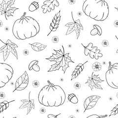 Seamless background with monochrome leaves, pumpkins, mushrooms and acorns. Black outlines of autumn symbols, hand drawn doodles on white background. Vector illustration for textile print, wrapping