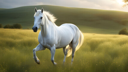Obraz premium Majestic White Horse in Scenic Grassland with Realistic Ultra HD Imagery