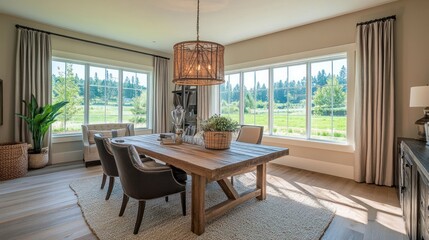 Fototapeta premium A rustic dining room with large windows overlooking a green lawn and a farmhouse style dining table.