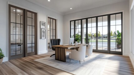 Modern home office with wooden desk, chairs, and a view of the backyard.