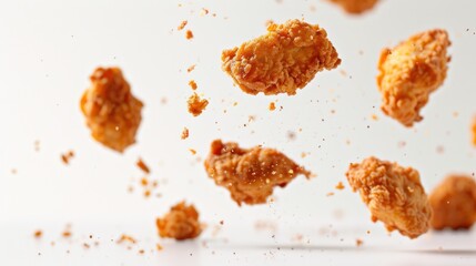 Crispy fried chicken nuggets, floating in mid-air, white background, macro shot, crumbs falling, golden brown breading, textured surface, high-resolution, studio lighting