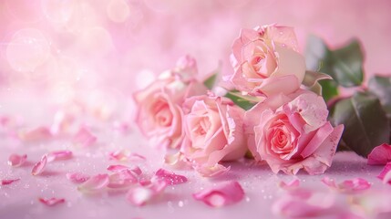 Obraz premium Delicate pink roses on soft pink background, floral arrangement, pastel colors, romantic composition, rose petals scattered, fresh blooms, gentle lighting, Valentine's Day theme