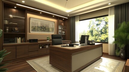 Fototapeta premium Modern home office with a wooden desk, leather chair, and a large window with a view of trees.