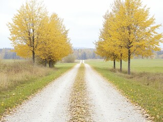 Fototapeta premium A serene pathway adorned with autumn trees represents kindred spirits embarking on a peaceful voyage toward harmony.