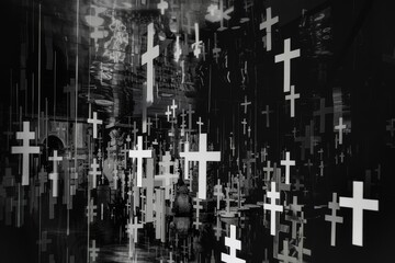 Obraz premium An artistic representation of a city filled with multiple crosses, reflecting themes of spirituality and urban life., Crosses and inverted crosses blending in a surreal mix, Ai generated
