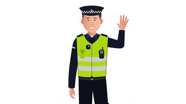 2D Illustrated police man officer vector character waving hand and smiling animation. On white background.
