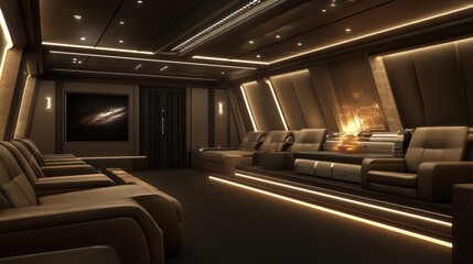 Fototapeta premium Modern home theater with plush seats and a large screen displaying a nebula.