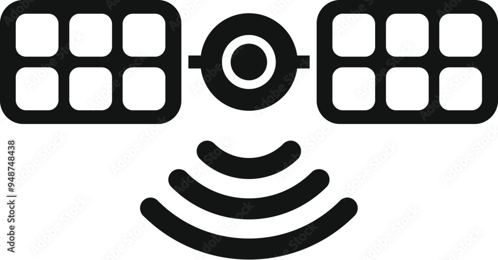 Poster simple icon of a space satellite transmitting signals from its position in orbit around earth