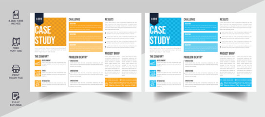 Case study flyer template for corporate business project with company logo and icon. Professional annual report with creative modern background. Marketing poster, brochure or research paper.