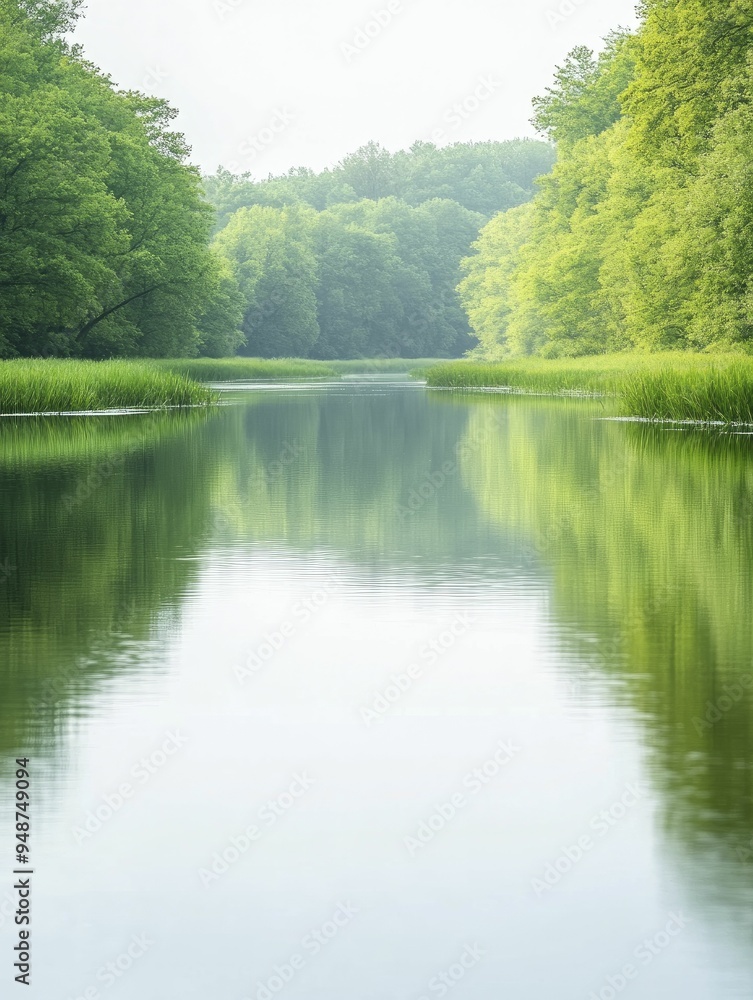 Wall mural Loving Reflection in a Calm River Flowing Serenely Through Greenery