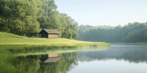 Obraz premium Mindful presence unfolds amidst the calm of a peaceful lakeside escape, where nature's beauty fosters a deep sense of inner stillness and connection.