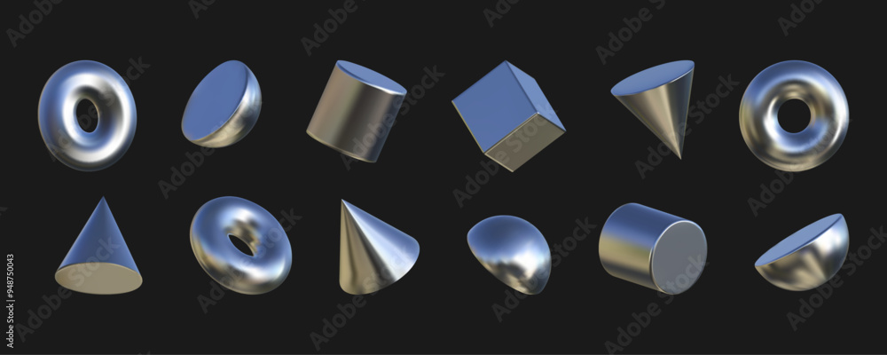 Poster set of 3d simple geometric shapes. chrome elements with a liquid metal texture for a y2k style desig