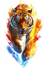 Fototapeta premium Tiger dashing through vibrant flames and splashes of water.
