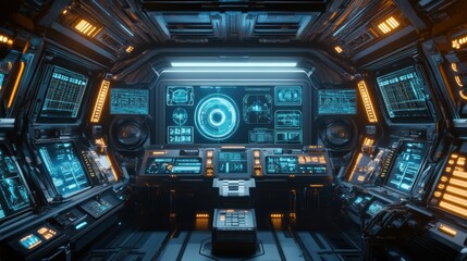 Fototapeta premium a modern spaceship interior with a metallic design, glowing elements, and futuristic controls for a sci-fi concept banner