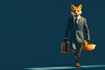 A business fox dressed in a suit, confidently walking with a briefcase, blending professionalism and whimsy in a stylized setting.