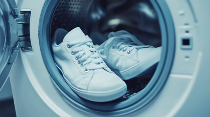 White sneakers in a washing machine