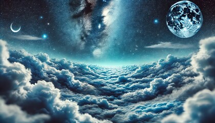 A surreal nighttime scene featuring a sea of clouds contrasting beautifully against the deep colored night sky