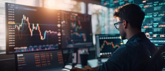 A focused trader analyzes market trends on multiple screens in a modern office environment filled with data charts.