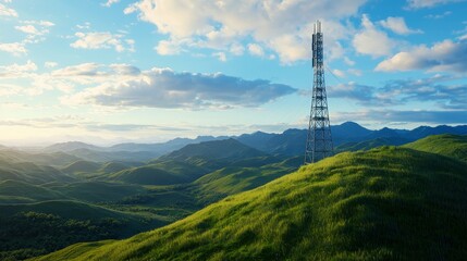 A futuristic telecommunication tower, reaching into the sky, with beams of light representing data flow