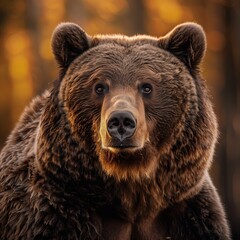 Obraz premium close up beautiful grizzly bear with a glossy, detailed coat and a serene expression, gently blurred forest setting, soft,