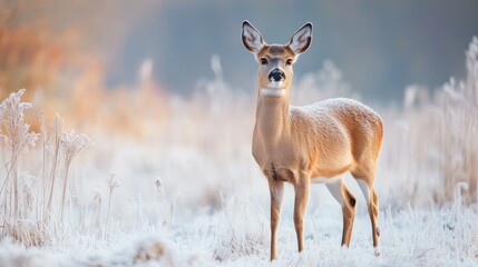 A lone deer stands in a frosty field. This photo can be used to illustrate a winter scene or represent the beauty of nature.