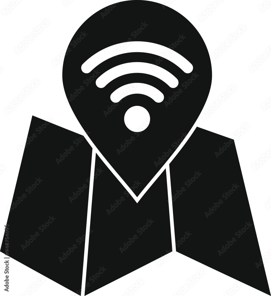 Poster black icon of a map with a location pin displaying the wifi symbol, representing a public network sp
