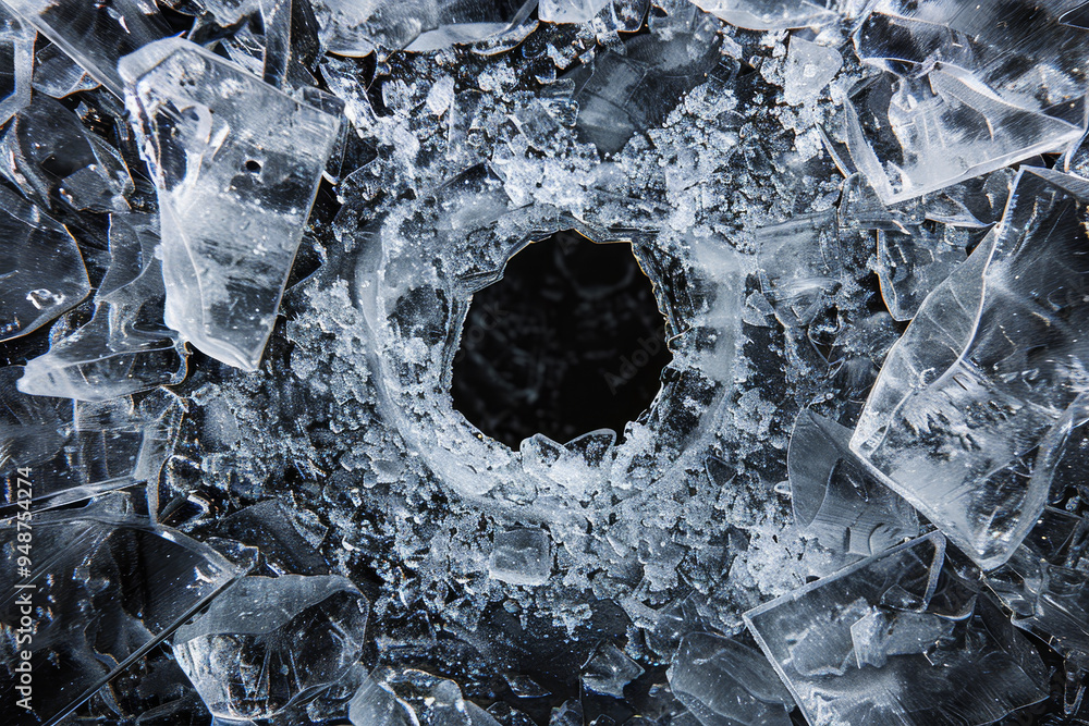 Poster a hole in a piece of ice with a lot of ice shards around it