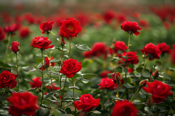 Obraz premium A field of red roses with a few green leaves