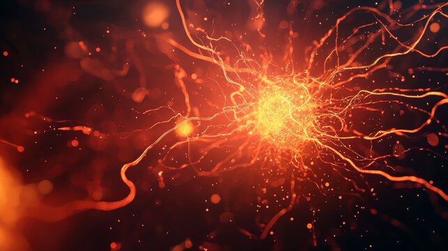 Energy burst from a nuclear fission reaction, with particles scattering and intense radiation