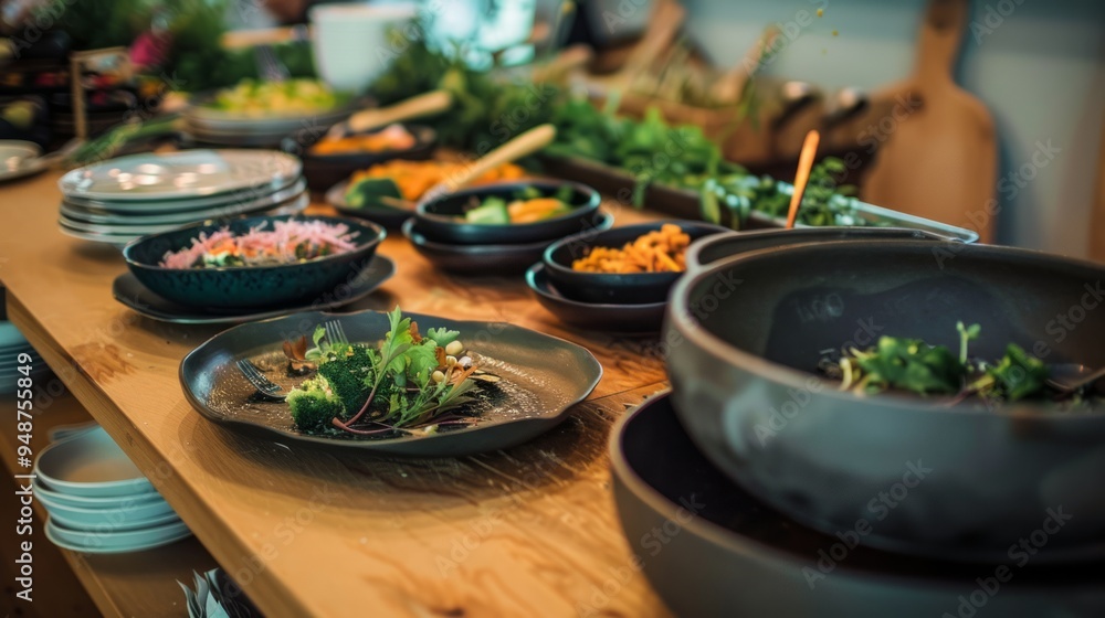 Sticker Close up of a wooden table with an assortment of bowls containing a variety of food.