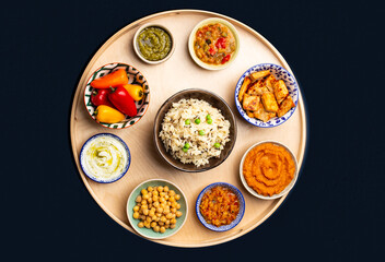 Indian Thali - selection of various dishes served on round wooden platter. Assorted Indian vegetarian meze with boiled basmati rice, paneer, dal, chutney in different bowls. Top view,appetizer
assorte