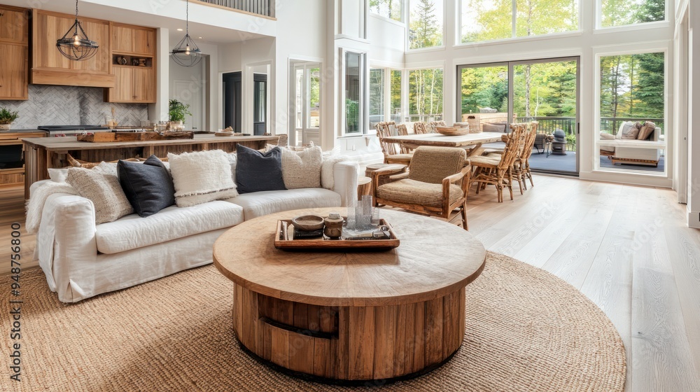 Canvas Prints Modern living room interior with white couch, wood coffee table, and large windows overlooking a green backyard.