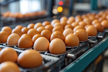 Eggs on a conveyor belt in a factory. This image shows the process of egg production and packaging.